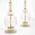 Pair of hand-blown Murano glass lamps featuring unique glass components on a brass structure. In the style of iconic...