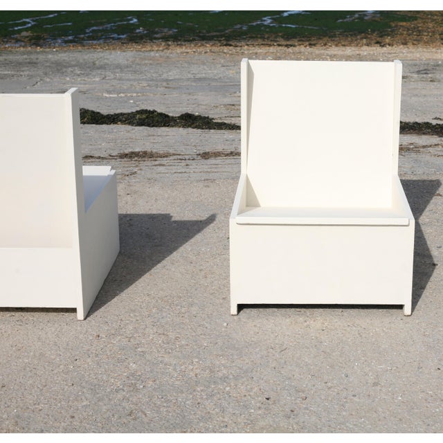 Set of 3 Brutalist armchairs, painted wood, 1960s Cream color. Slightly reclined back and seat for added comfort. Minor,...