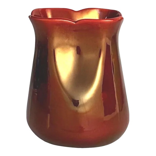 1990s Eva Zeisel Small Red Iridescent Glaze Porcelain Zsolnay Vessel With Gold Overtones For Sale