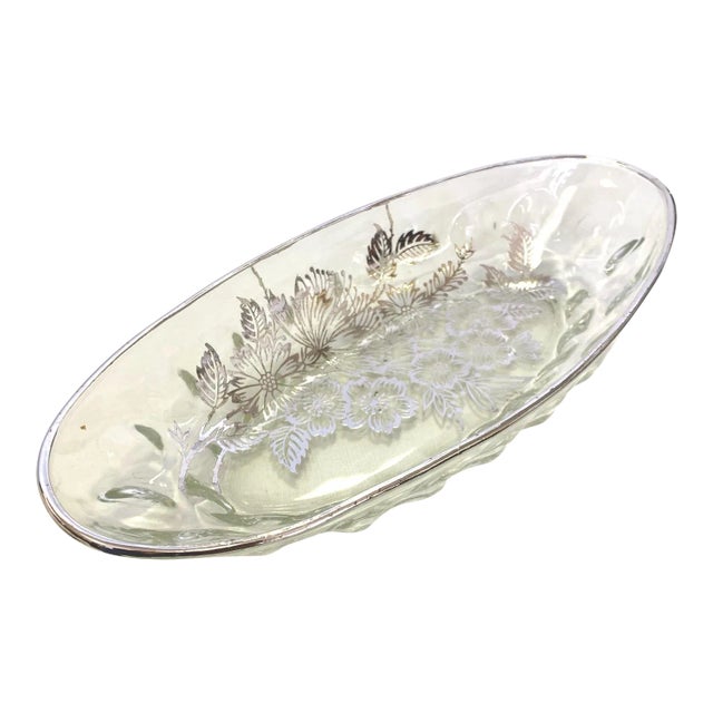 1960's Silver Overlay Glass Oval Dish For Sale