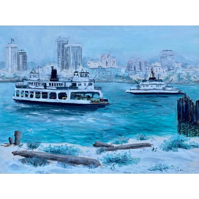 Mid-Century San Diego Waterfront Oil Painting of Coronado Ferryboat, Signed & Framed For Sale - Image 4 of 10