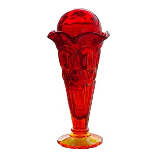 Vintage Blazing Moon and Stars Pattern Ruby Red & Amberina Pressed Glass Trumpet Bud Vase + Ball Stopper For Sale