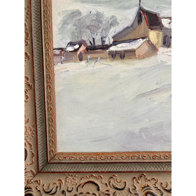Vintage Original Oil Painting on Board – Snowy Farm and Barn Winter Landscape – Ornate Frame For Sale - Image 15 of 17