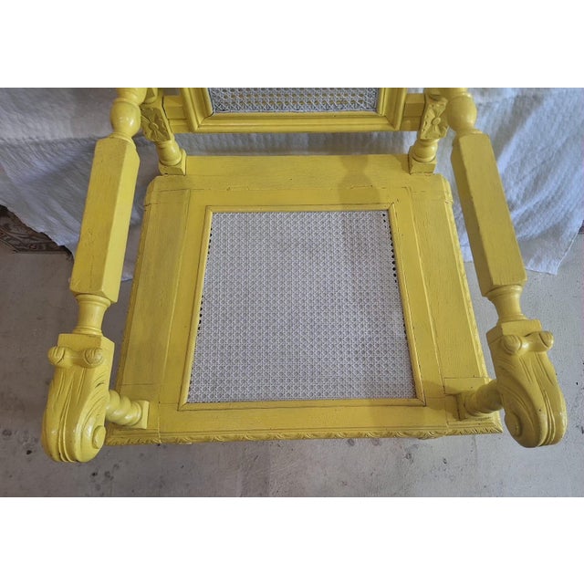 Antique Victorian Renaissance Revival Carved Wood Cane Armchair in Yellow For Sale - Image 4 of 10