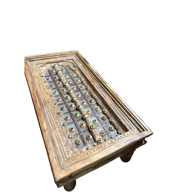 Antique Indian Carved Door Coffee Table – Solid Wood With Patina & Brass Stud Accents 53x26.5 For Sale - Image 4 of 6