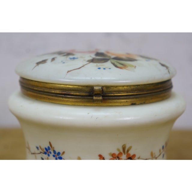Antique French Victorian Painted Floral Opaline Glass Vanity Jar Casket 5" For Sale - Image 4 of 14