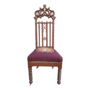 1880s' Victorian Gothic Revival Bobbin Mahogany and Needlepoint Seat Side Chair