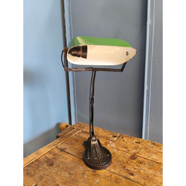 Bank Lamp with Cast Iron Base and Enameled Metal Shade, 1920s For Sale - Image 14 of 14