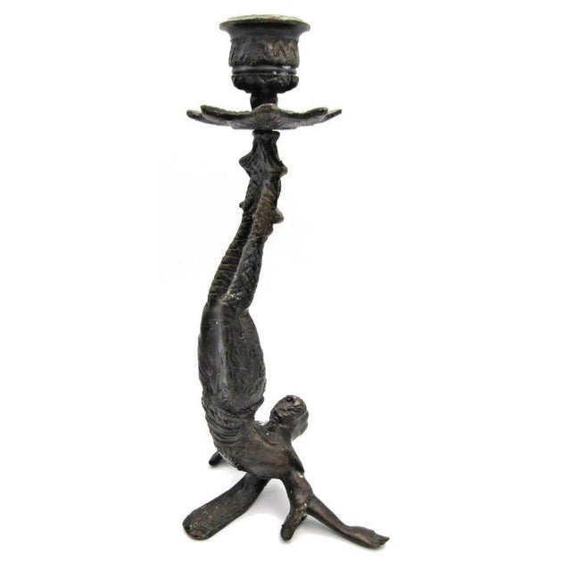 Metal Matched Pair of Vintage Boho Patinated Bronze Acrobat Candle Holders For Sale - Image 7 of 16