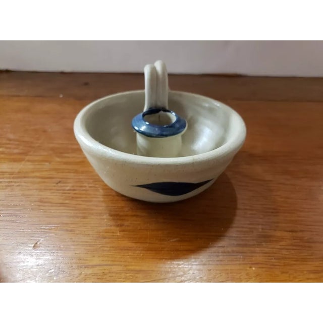 American 1990s Williamsburg Salt Glaze Pottery Candle Holder With Cobalt Blue Leaf For Sale - Image 3 of 5