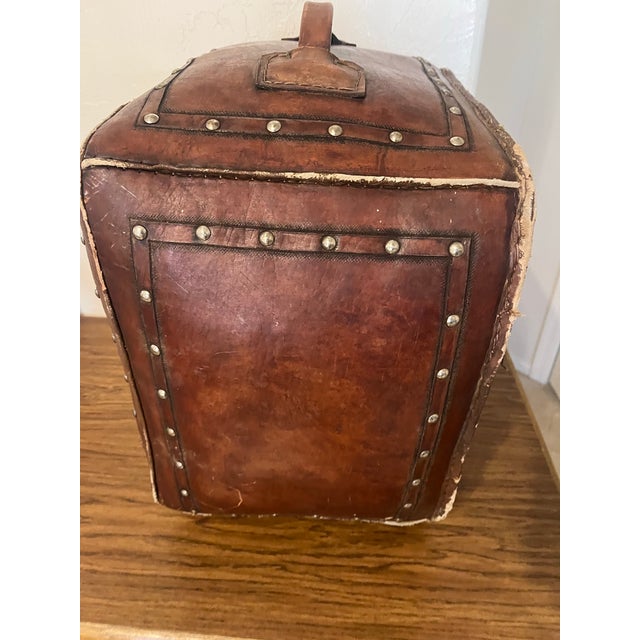 1990s Tooled Leather Ottoman Plain With Nailheads Antique Brown For Sale - Image 11 of 12