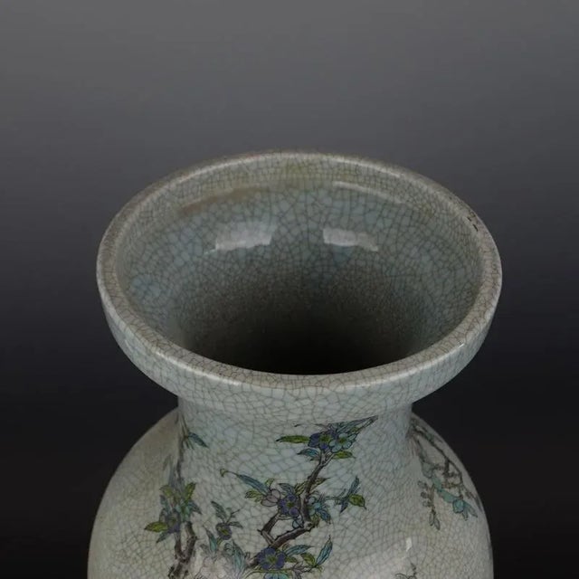 Ceramic Chinese Vintage Porcelain Vase Qing Dynasty Qianlong Marked Crackle Glaze Famille Verte Porcelain Vase Hand Painted Flowers and Birds Pattern For Sale - Image 7 of 8