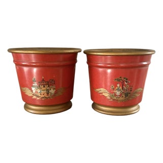 Vintage French Tole Chinoiserie Gilt & Orange Cache Pot / Jardinere / Planter, a Pair For Sale
