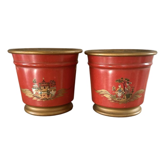 Vintage French Tole Chinoiserie Gilt & Orange Cache Pot / Jardinere / Planter, a Pair For Sale