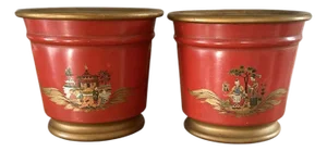 Vintage French Tole Chinoiserie Gilt & Orange Cache Pot / Jardinere / Planter, a Pair