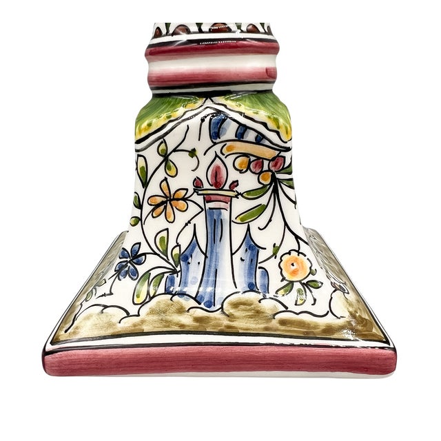 Late 20th Century Pair of Hand-Painted Portuguese Faience Candlesticks by C. Melo With Birds, Dog, Castle & Deer – Folk Art / European Traditional For Sale - Image 5 of 18
