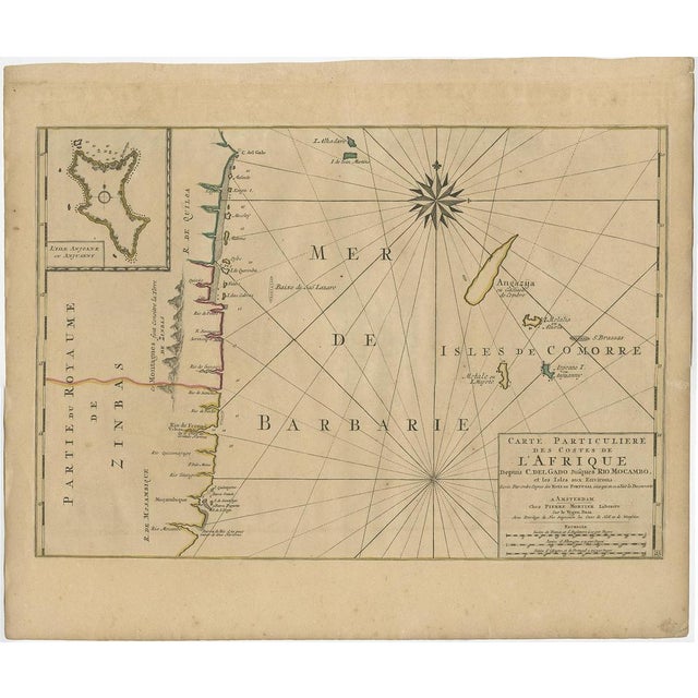 Antique map titled 'Carte particuliere des Costes de l'Afrique'. Depicts the coasts of Mozambique and Tanzania. with an...
