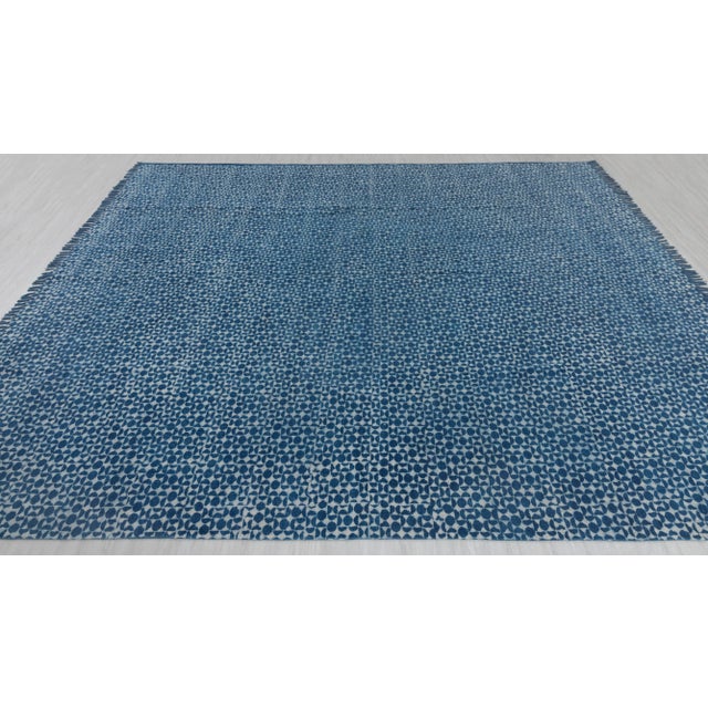 Textile Blue Indigo Hand Woven Bohemian Cotton Flatweave Kilim Rug, Boho Blue Rug 9x12Ft. For Sale - Image 7 of 18