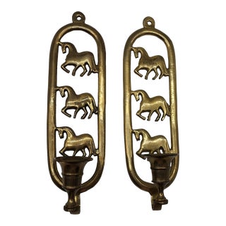 1960s Vintage Brass Wall Sconce Candleholders With Trotting Horses - a Pair For Sale