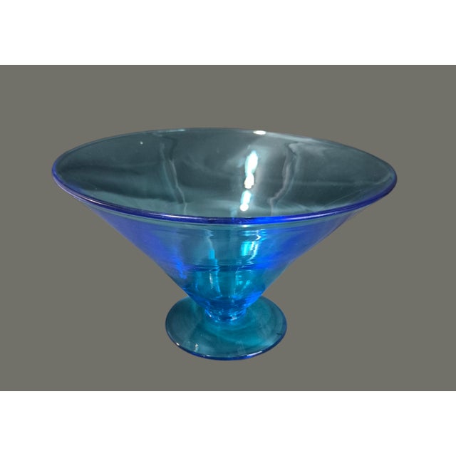 Mid-Century Modern Vintage Mid-Century Modern Blue Glass Attributed Blenko Compote Pedestal Vase For Sale - Image 3 of 6
