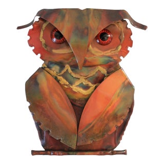Vintage Brutalist Copper and Brass Owl Wall Hanging For Sale