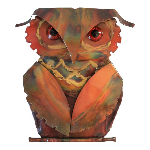 Vintage Brutalist Copper and Brass Owl Wall Hanging For Sale
