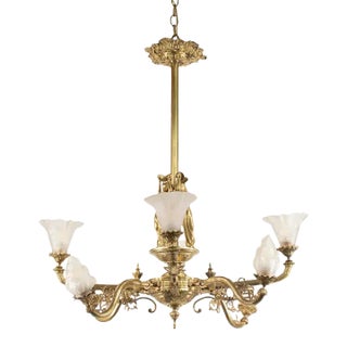 Late 19th Century Victorian Neoclassical Bronze Eight Light Chandelier With Frosted and Etched Glass Shades For Sale
