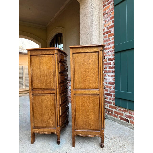 Brown Pair Vintage French Chests 7 Drawer Semainier Louis XV Style Carved Oak For Sale - Image 8 of 18