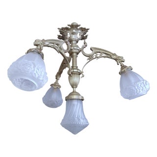 19th Century French Medieval Gothic Revival Bronze Four-Light Chandelier with Frosted Glass with Gryphons Gargoyles Dragons, 1890s For Sale