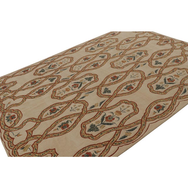 Contemporary Rug & Kilim’s European Rug in Beige, With Green and Red Floral Patterns For Sale - Image 3 of 7
