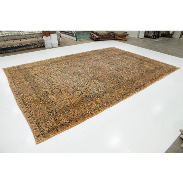Persian Handmade Antique Kerman Persian Wool Rug in Tan With a Rosette Motif For Sale - Image 3 of 10