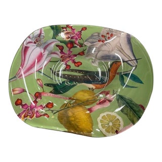 Vintage Tropical Botanical Decoupage Glass Shallow Bowl – Hummingbird & Orchids For Sale