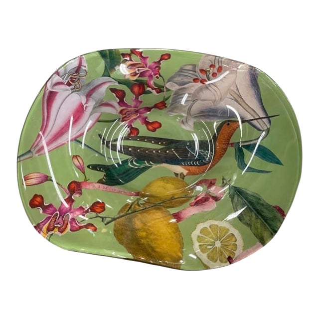 Vintage Tropical Botanical Decoupage Glass Shallow Bowl – Hummingbird & Orchids For Sale