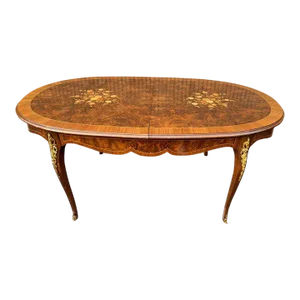 Mid 20th Century Louis XV Style Marquetry Satinwood Inlaid and Ormolu Mounted Extension Dining Table With Leaf.