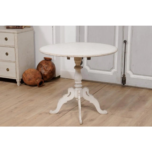 Wood 1860s Swedish Light Grey Painted Tilt-Top Table with Round Top and Carved Legs For Sale - Image 7 of 12