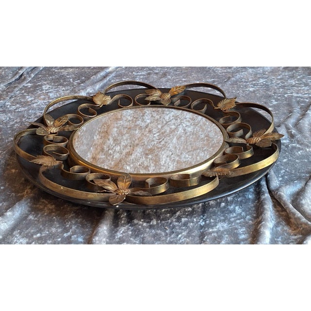 Vintage Round Wall Mirror with Black Metal Bracket with Brass Decorations, 1960s For Sale - Image 3 of 5