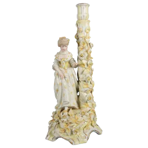 Antique German Meissen Hand Painted and Gilt Figural Porcelain Candlestick