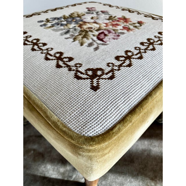 Mid 20th Century Mid-Century Modern Needlepoint & Chartreuse Velvet Footstool — Vintage Square Ottoman With Tapered Walnut Legs and Brass Ferrule Accents For Sale - Image 5 of 18
