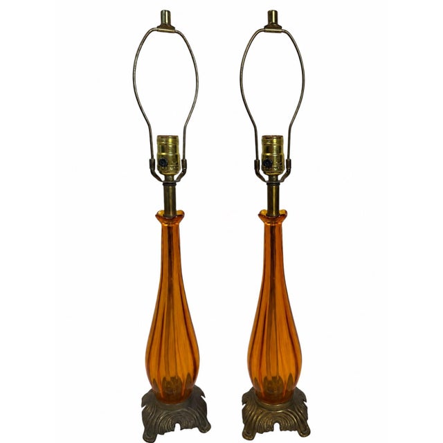 1960s Vintage Mid-Century Modern Amber Murano Style Swirl Glass Table Lamps - a Pair For Sale - Image 5 of 8