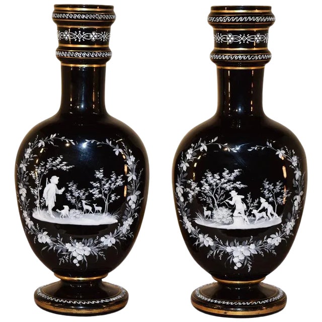19th C Mary Gregory Vases With Hunting Scenes - a Pair For Sale