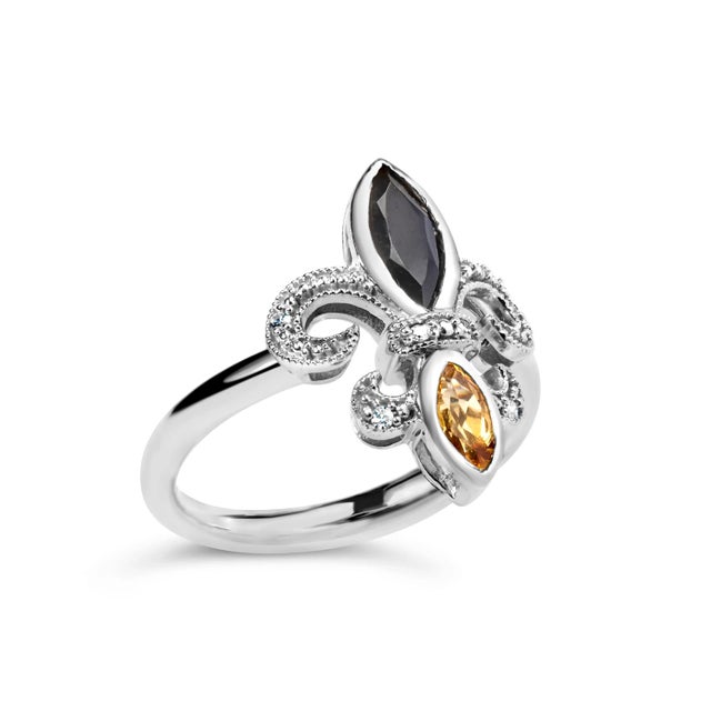 Contemporary .925 Sterling Silver Black Onyx and Yellow Citrine Marquise and Diamond Accent Fleur De Lis Ring (H-I Color, SI1-SI2 Clarity) - Size 8 For Sale - Image 3 of 7