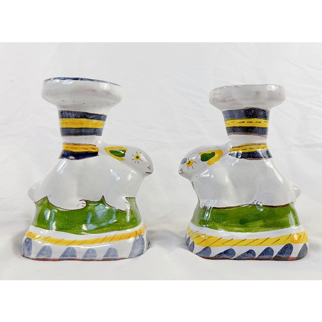 This is an adorably charming pair of "Faiança Portuguesa" miniature rabbit candle holders. They are in a beautiful white,...