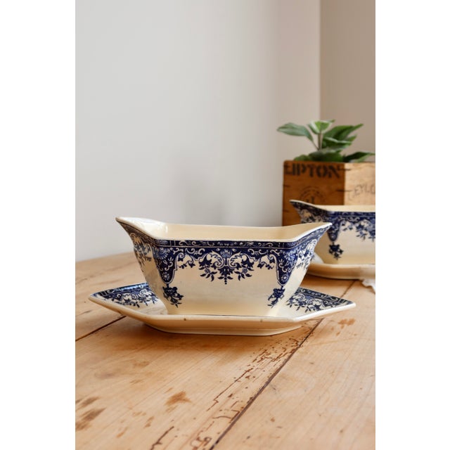 Elegant Longchamp Rouen pattern ironstone gravy boat. Its finely printed blue decoration and octagonal lines perfectly...