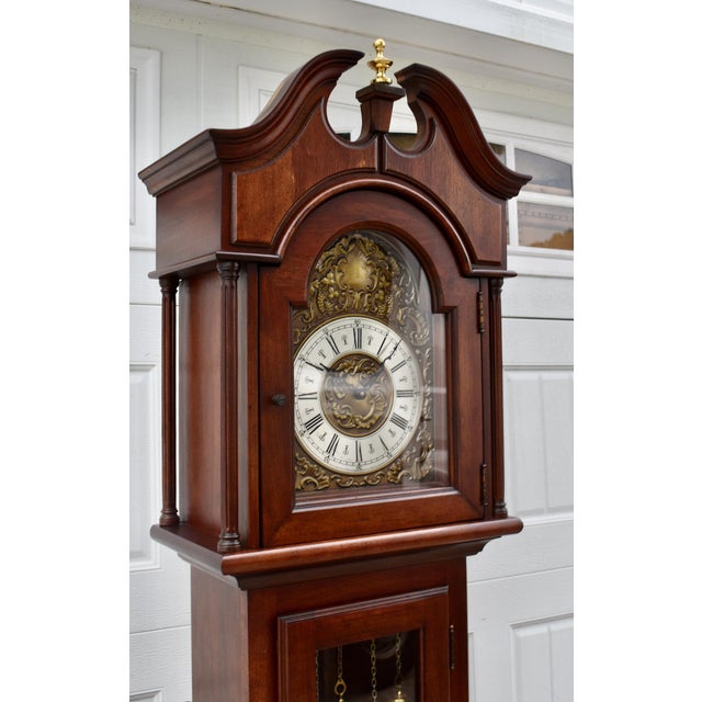 Brown Traditional Mahogany Grandmother Clock Vintage Mechanical Embossed Dial For Sale - Image 8 of 18