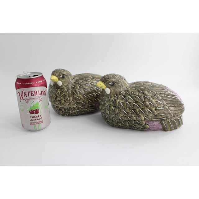 Ceramic Vintage Neiman Marcus Pair of Chinoiserie Porcelain Quail Boxes, MCM For Sale - Image 7 of 11