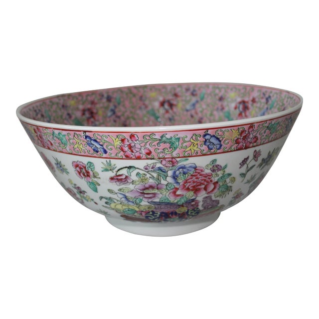 Vintage Chinese Famille Rose Porcelain Bowl, White & Pink Base With Floral Accents and Bottom Marking For Sale