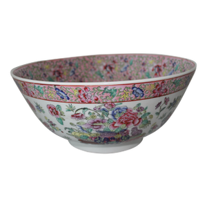 Vintage Chinese Famille Rose Porcelain Bowl, White & Pink Base With Floral Accents and Bottom Marking