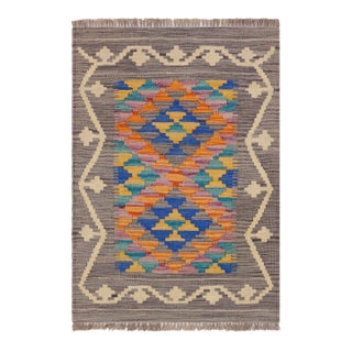 Rustic Kilim Gray Beige Hand-Woven Wool Rug 2'0'' X 2'11'' For Sale