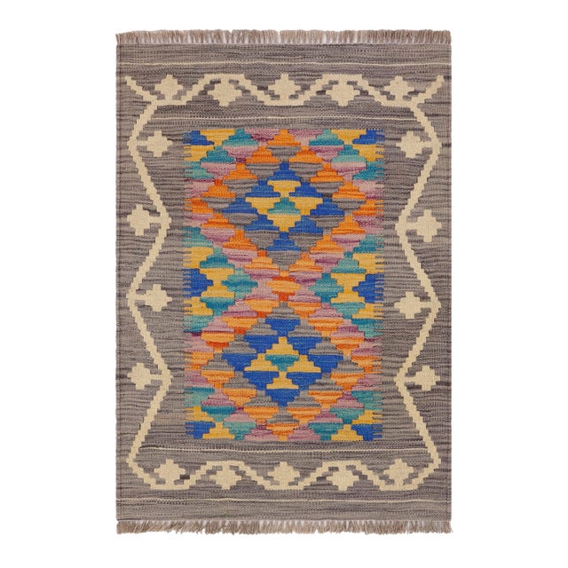 Rustic Kilim Gray Beige Hand-Woven Wool Rug 2'0'' X 2'11'' For Sale