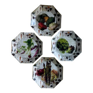 Octagon Decoupage Plates With Vegetables, Flowers and Script For Sale